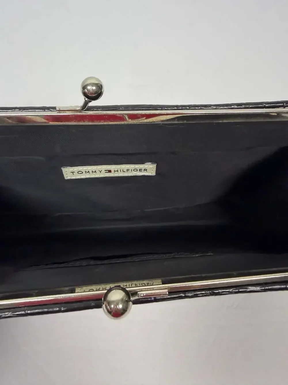 Tommy Hilfiger Black Faux Crocodile and Fabric Kiss Lock Clutch